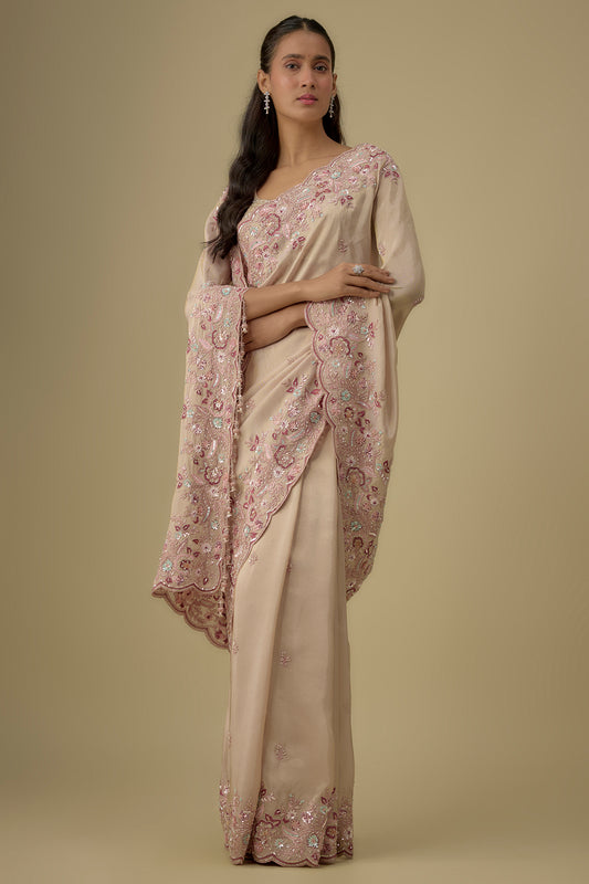 gold tissue hand & machine embroidered saree set