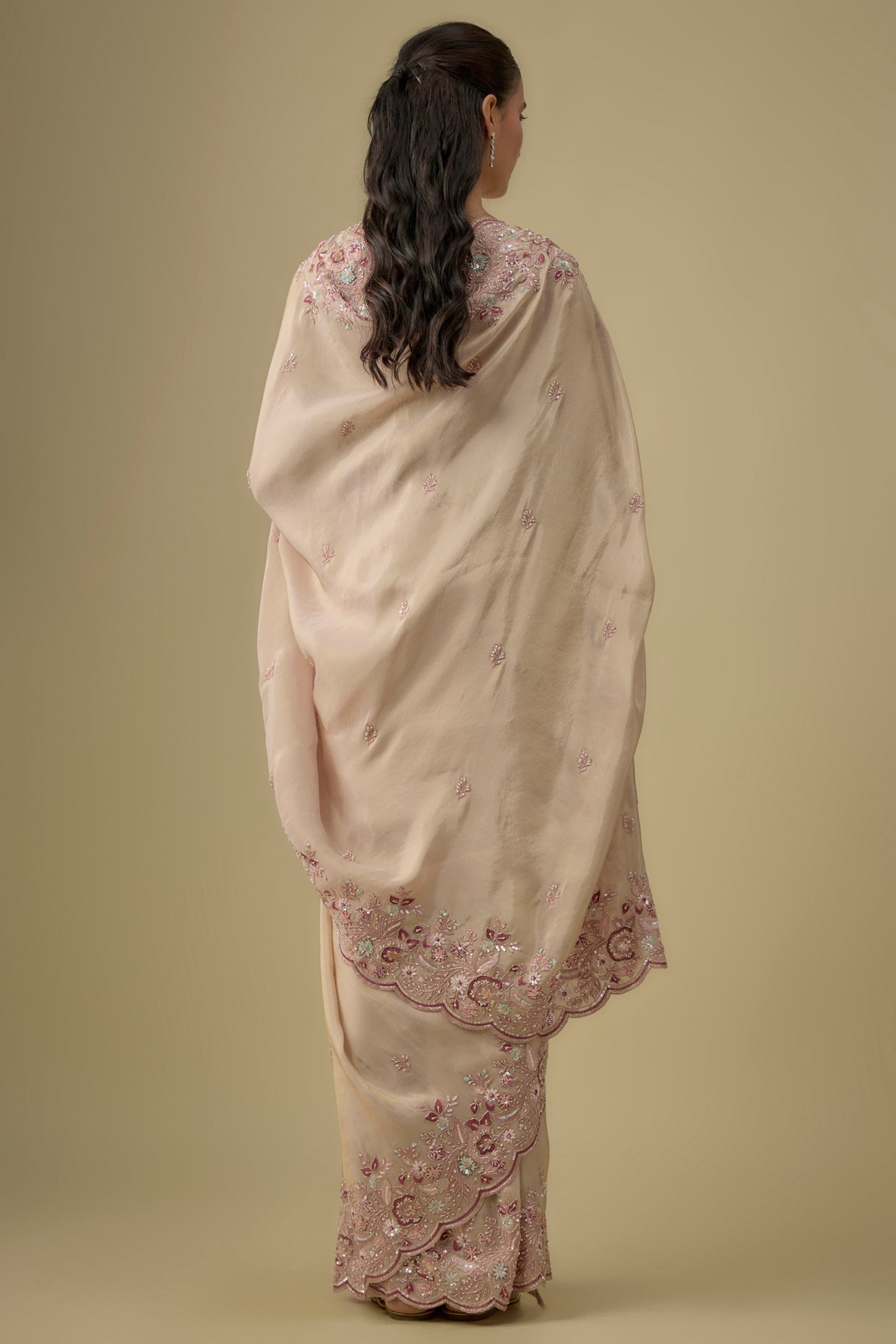 gold tissue hand & machine embroidered saree set