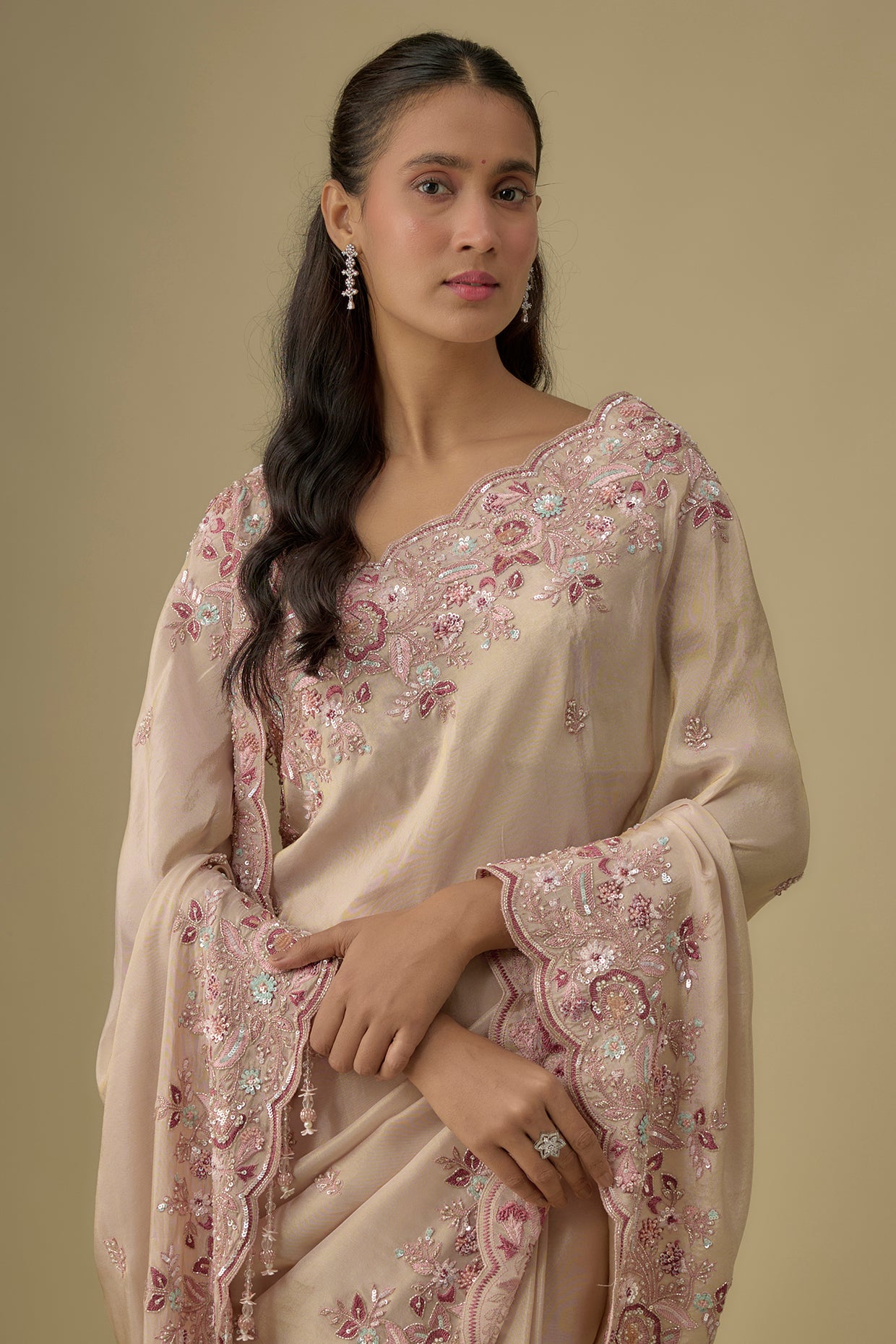 gold tissue hand & machine embroidered saree set