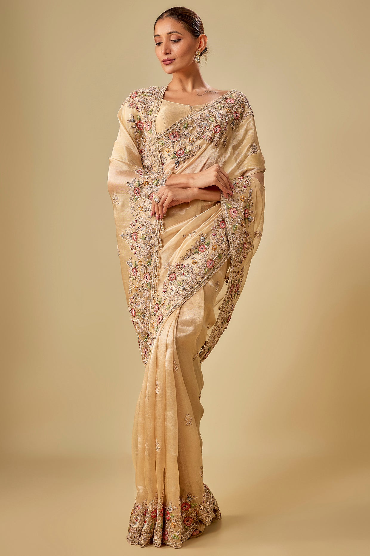 gold tissue hand & machine embroidered saree set