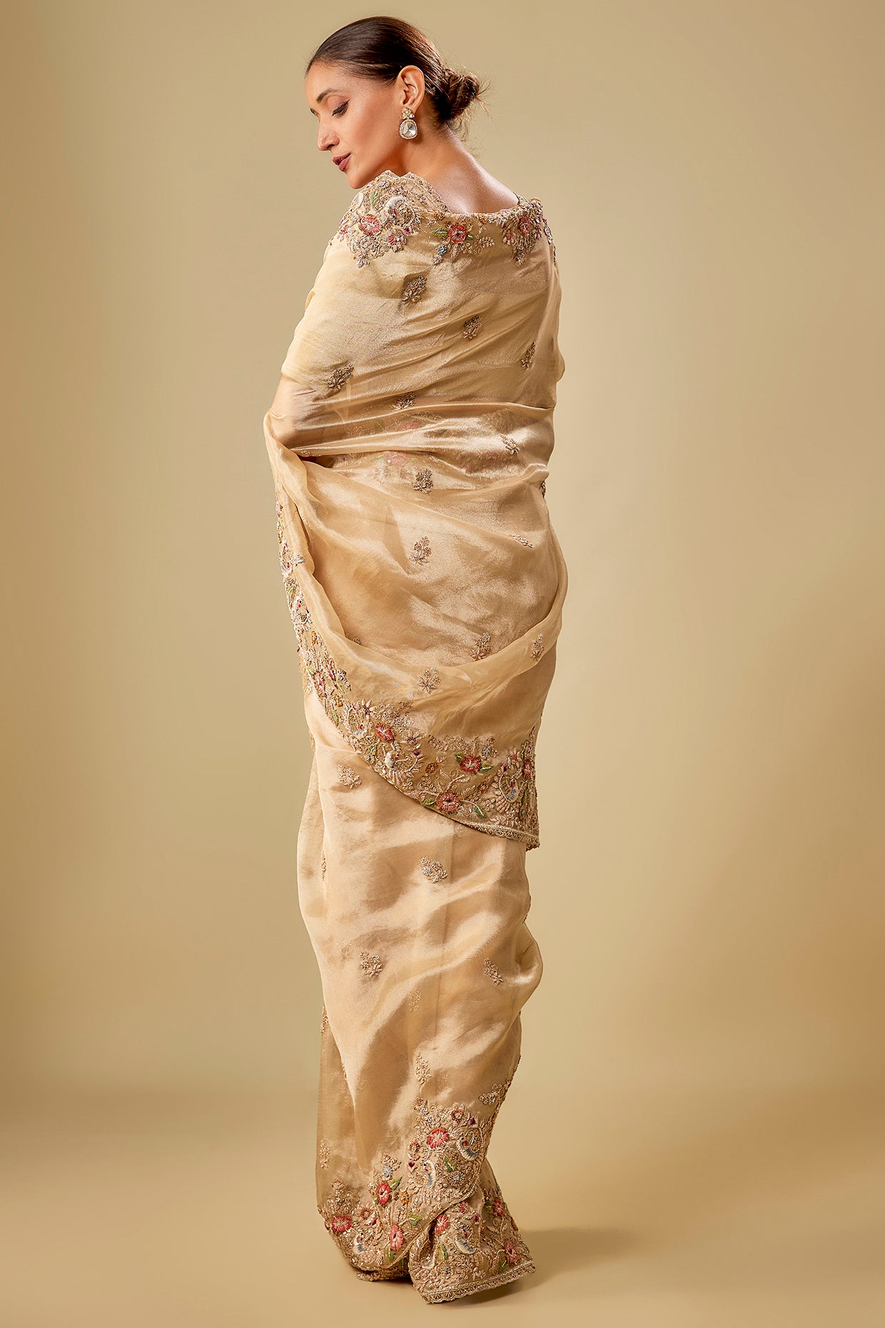 gold tissue hand & machine embroidered saree set