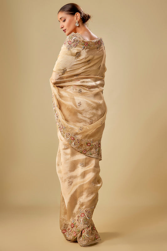 gold tissue hand & machine embroidered saree set