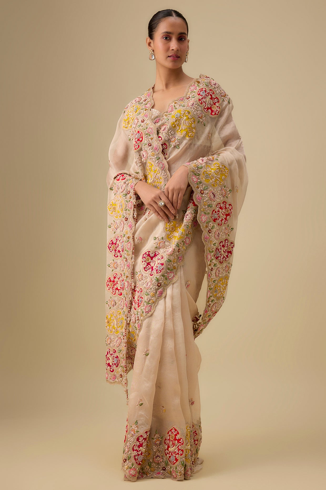 gold tissue hand & machine embroidered saree set
