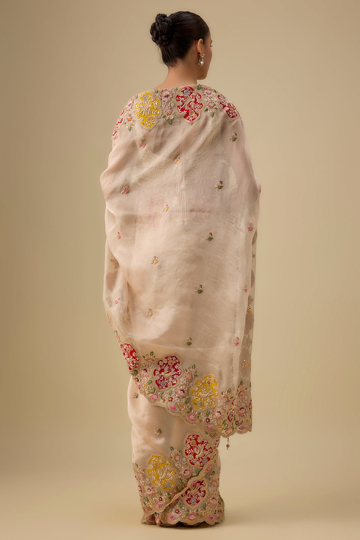 gold tissue hand & machine embroidered saree set