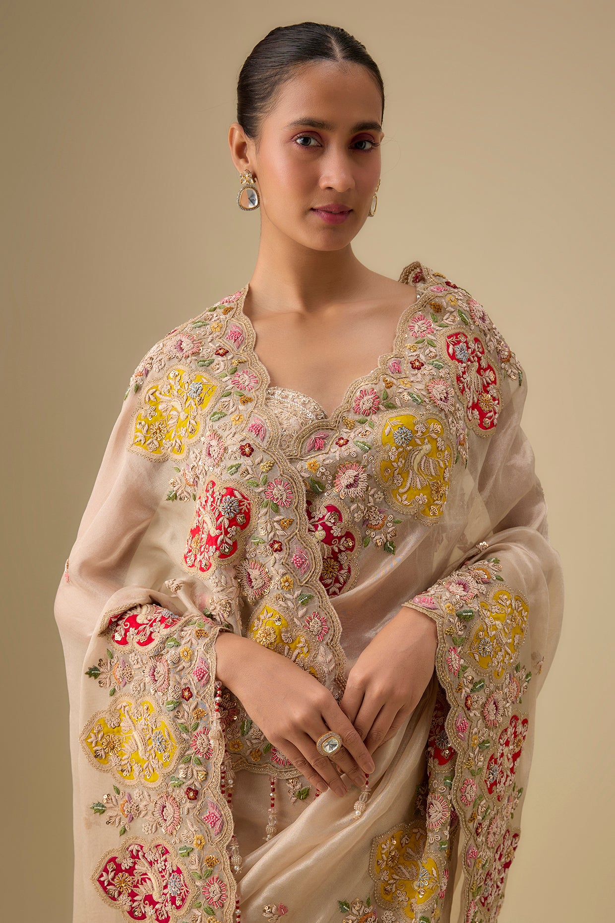 gold tissue hand & machine embroidered saree set