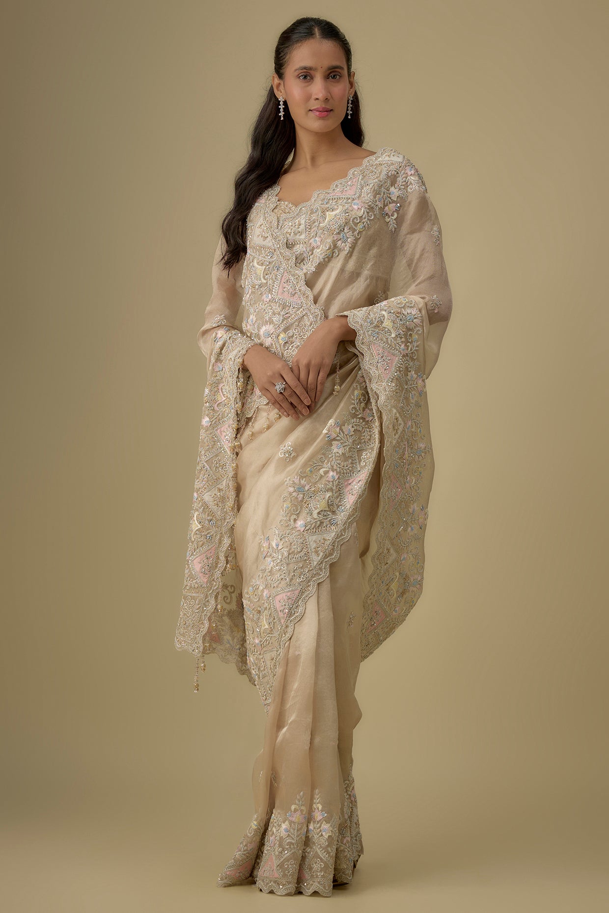 gold tissue hand & machine embroidered saree set