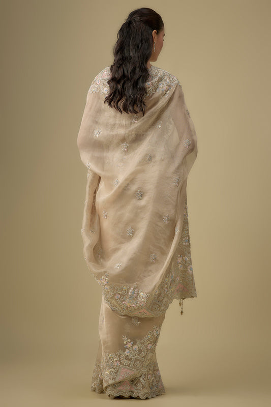 gold tissue hand & machine embroidered saree set