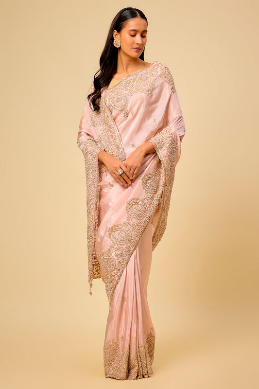 pink tissue hand & machine embroidered saree