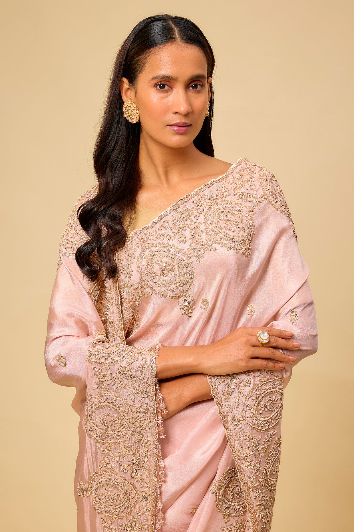 pink tissue hand & machine embroidered saree