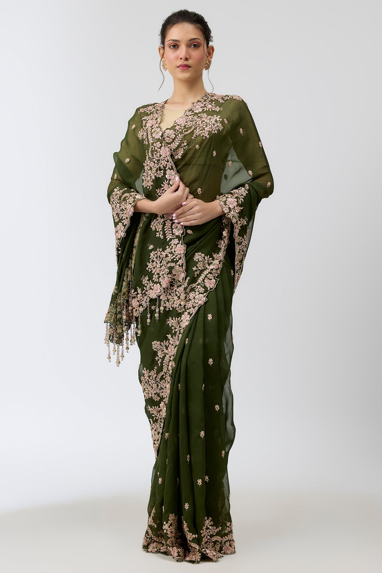 green viscose organza sequins embroidered saree set