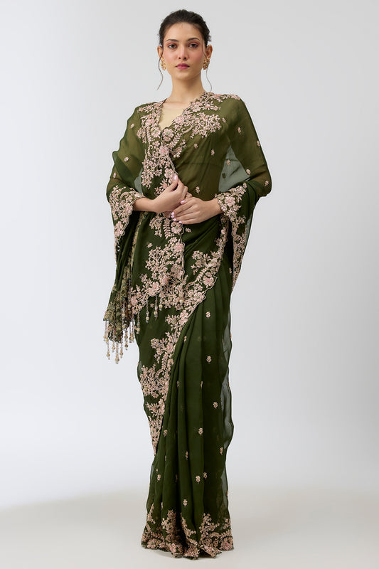 green viscose organza sequins embroidered saree set