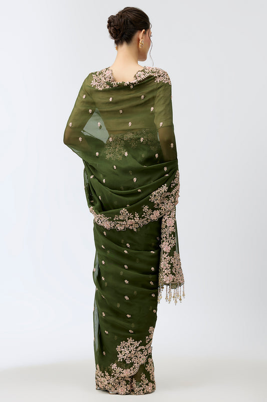 green viscose organza sequins embroidered saree set