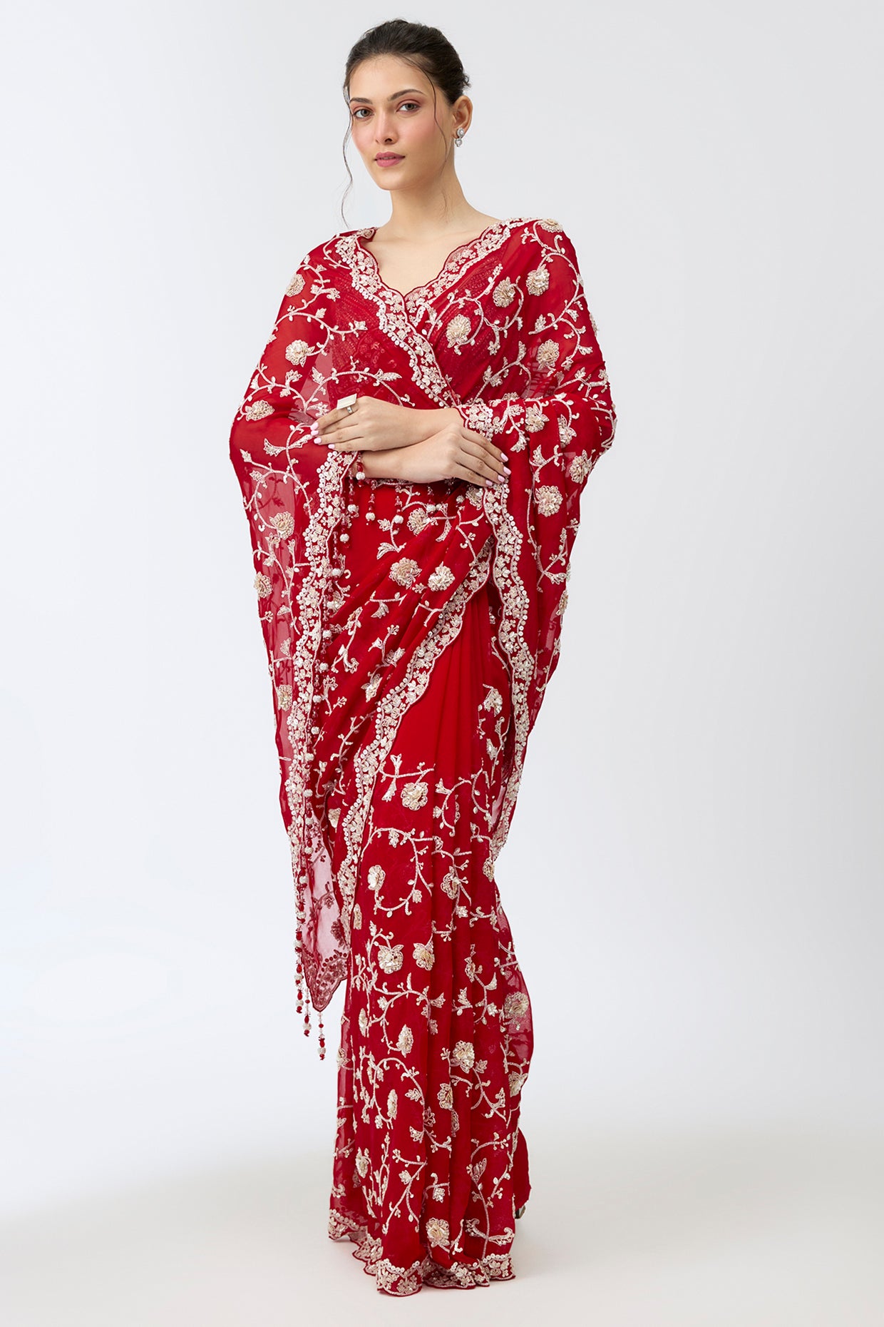 maroon viscose organza sequins embroidered saree set