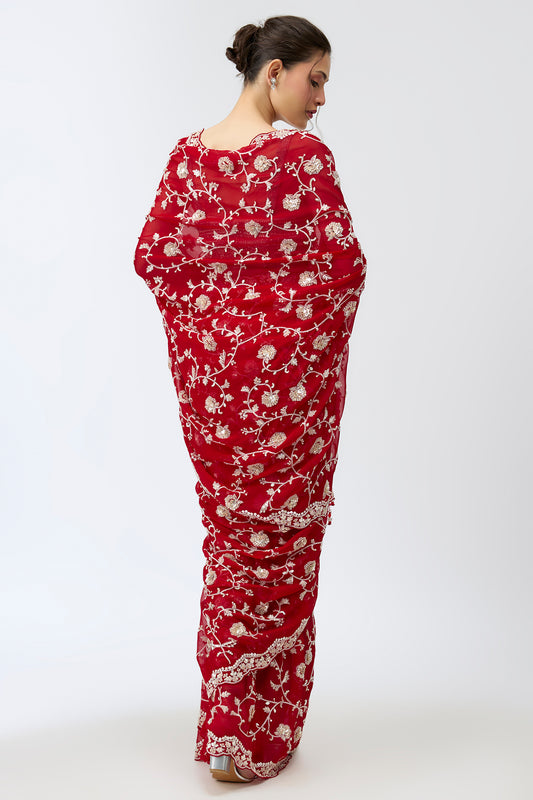 maroon viscose organza sequins embroidered saree set