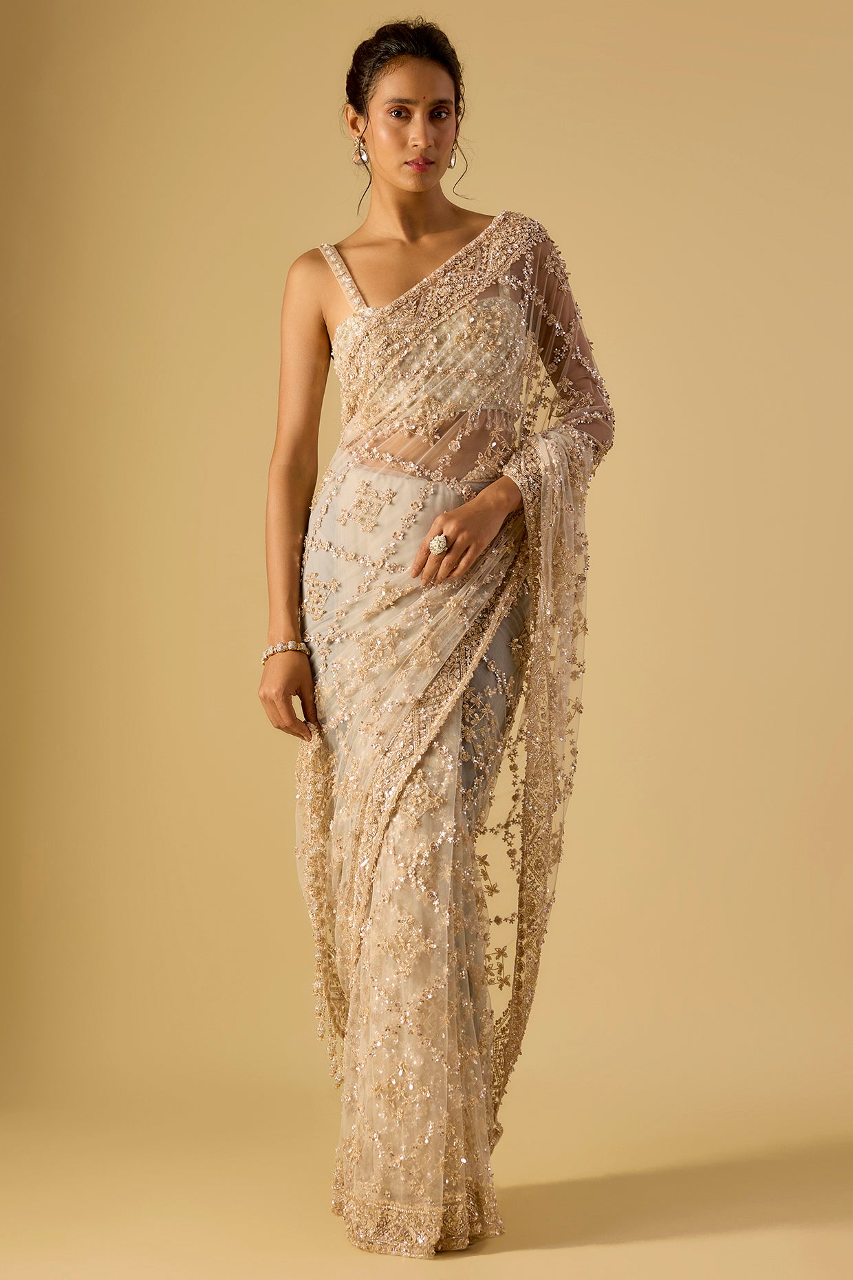 grey net sequin hand embroidered saree set