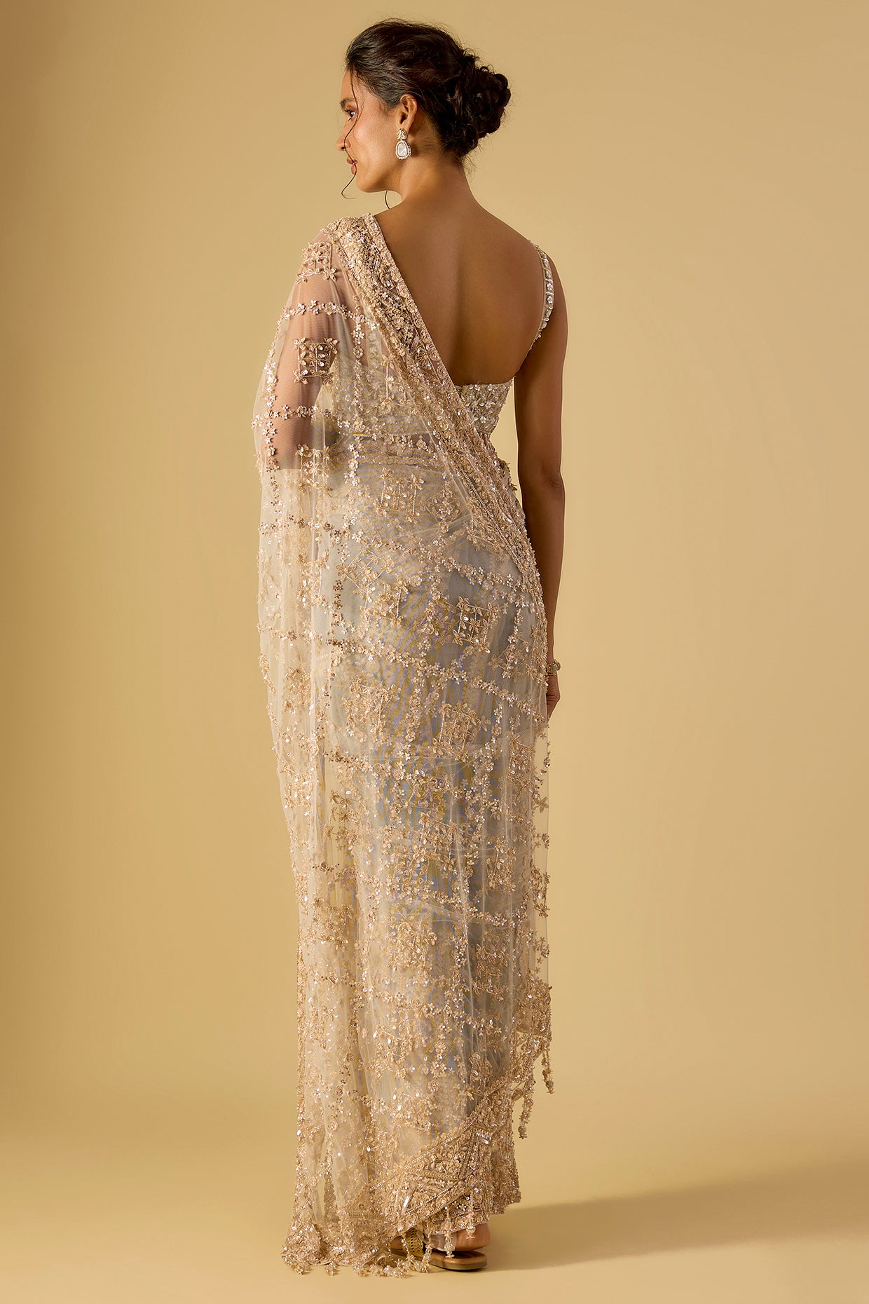 grey net sequin hand embroidered saree set