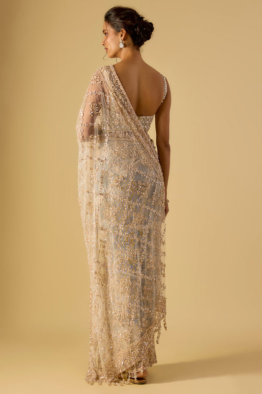 grey net sequin hand embroidered saree set