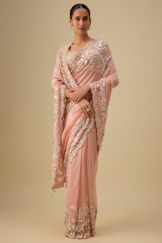 pink organza hand & machine embroidered saree set