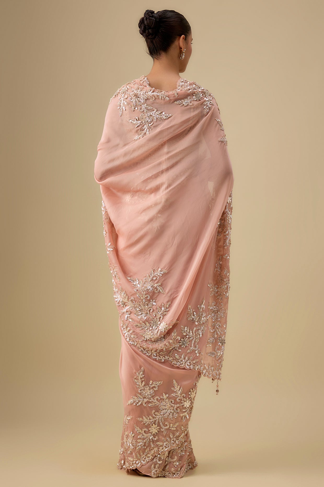 pink organza hand & machine embroidered saree set