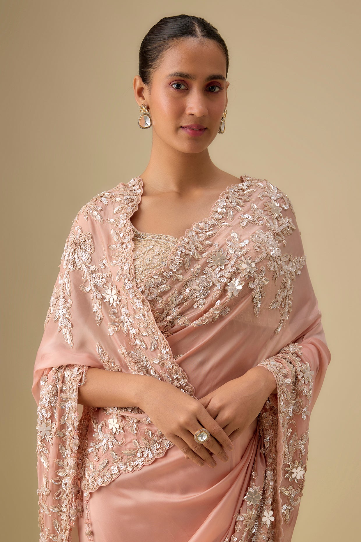 pink organza hand & machine embroidered saree set