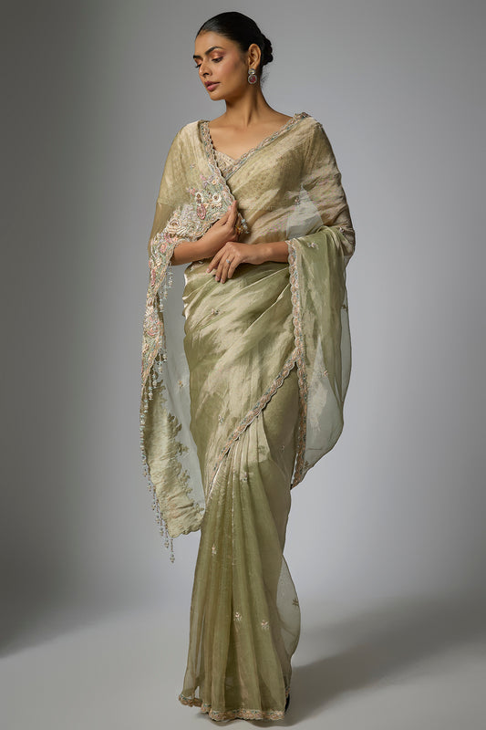 mint green tissue hand & machine embroidered saree set