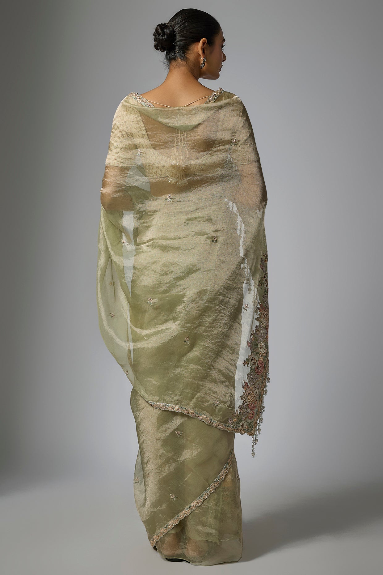 mint green tissue hand & machine embroidered saree set