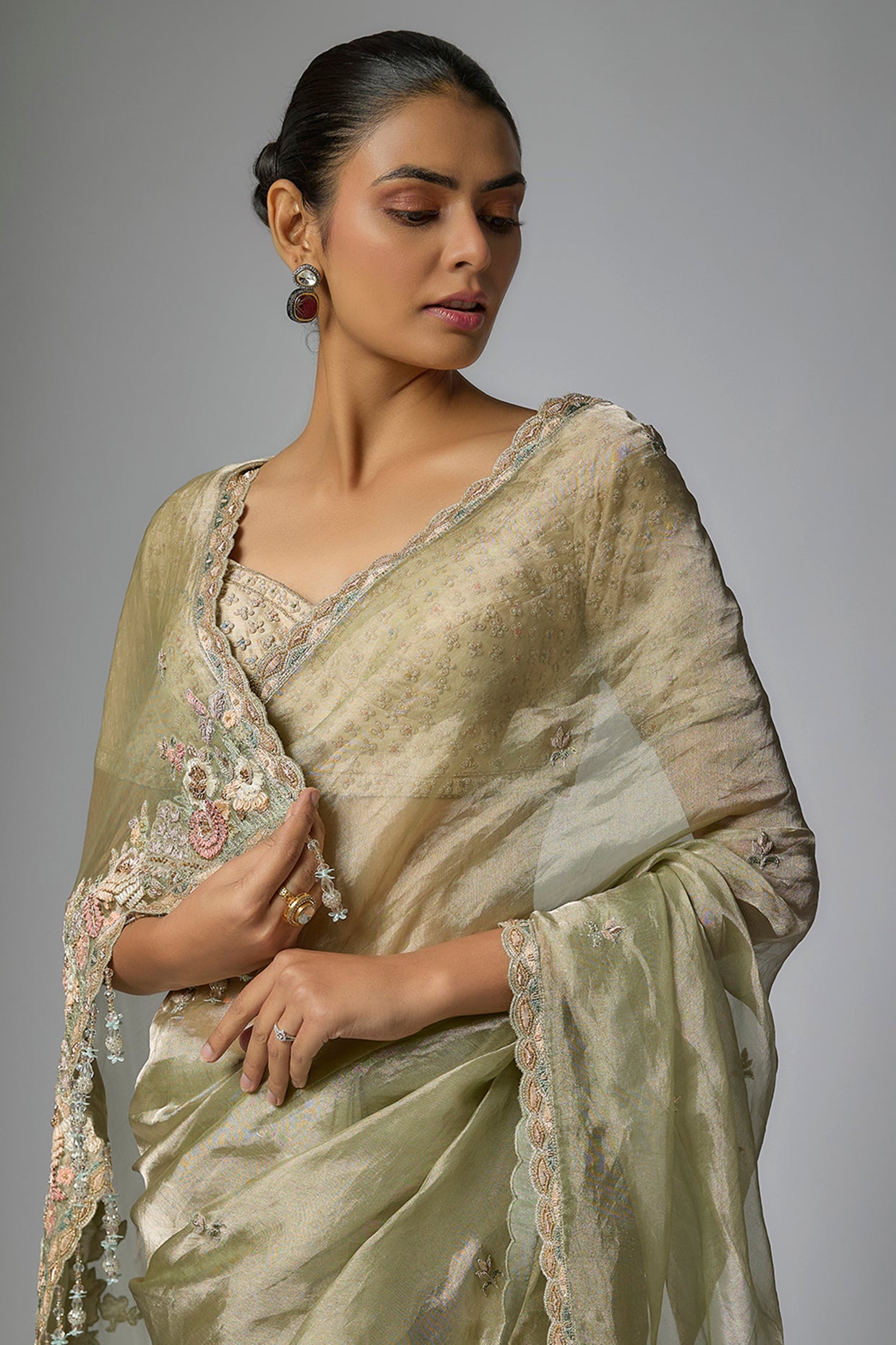 mint green tissue hand & machine embroidered saree set