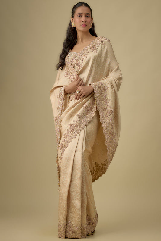 gold tissue hand & machine embroidered saree set