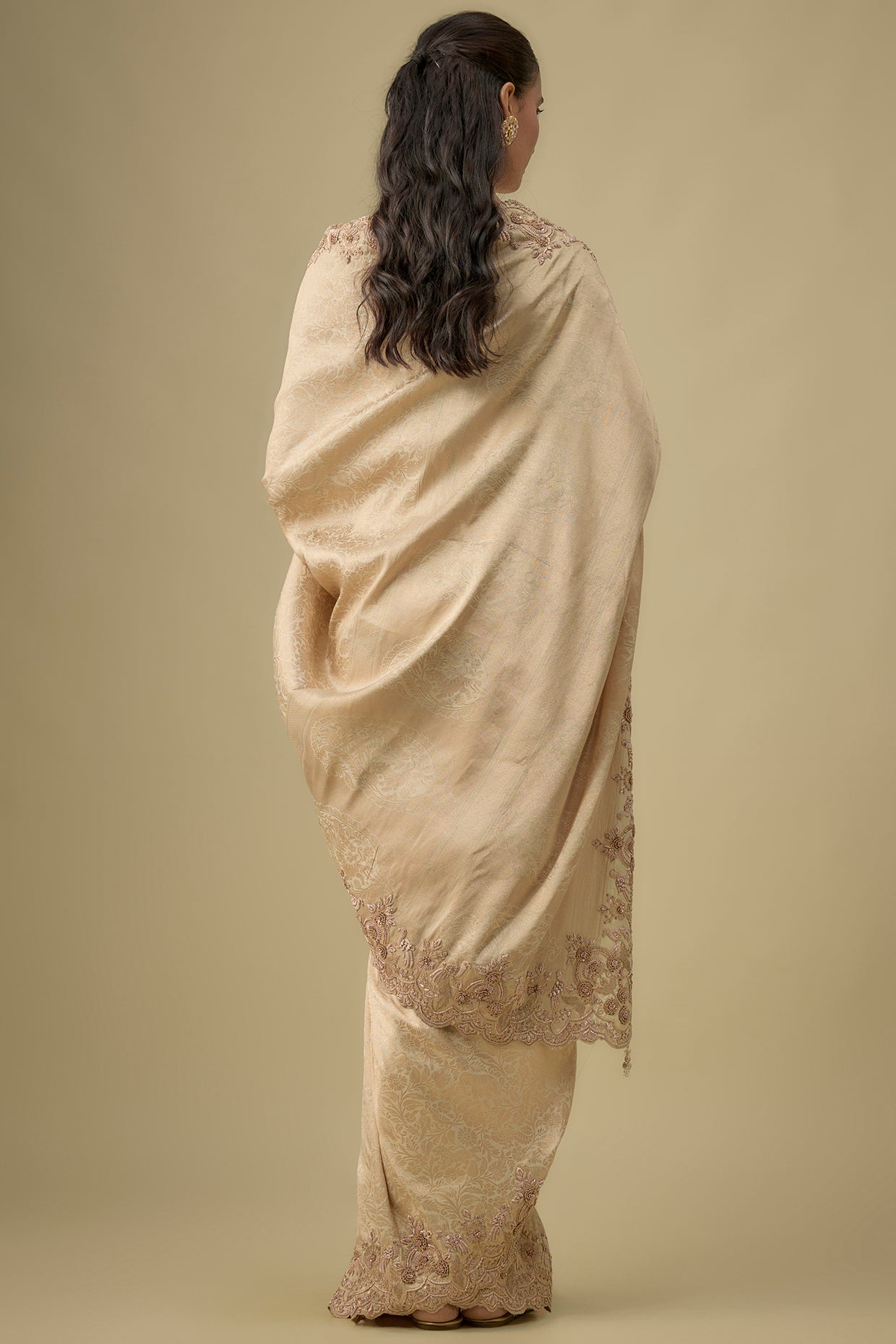 gold tissue hand & machine embroidered saree set