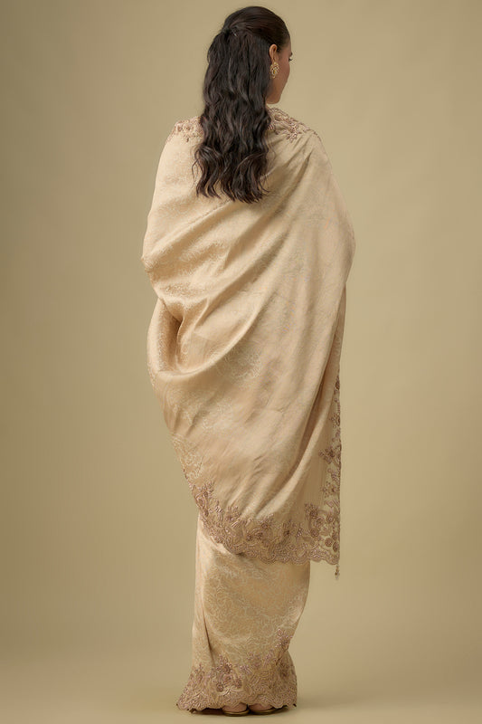 gold tissue hand & machine embroidered saree set