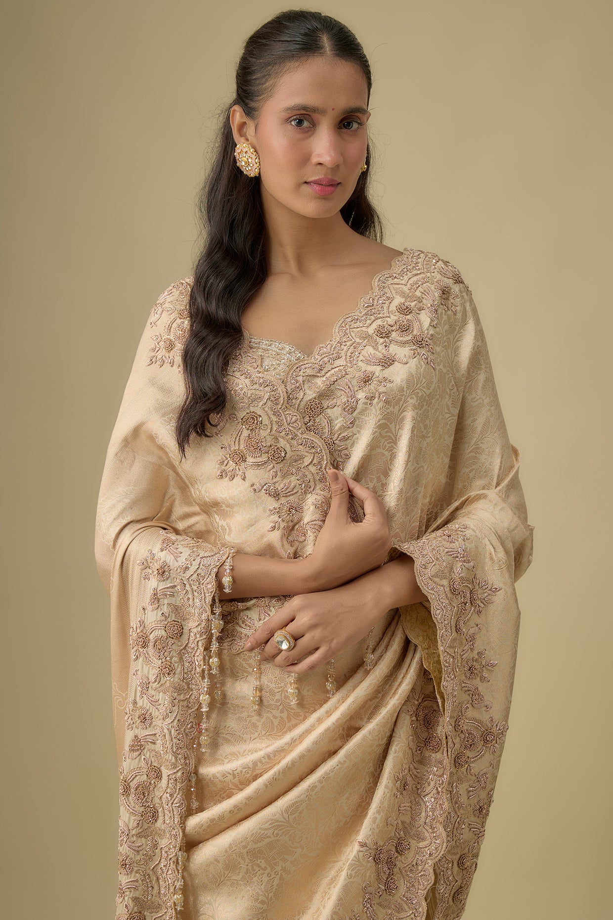 gold tissue hand & machine embroidered saree set