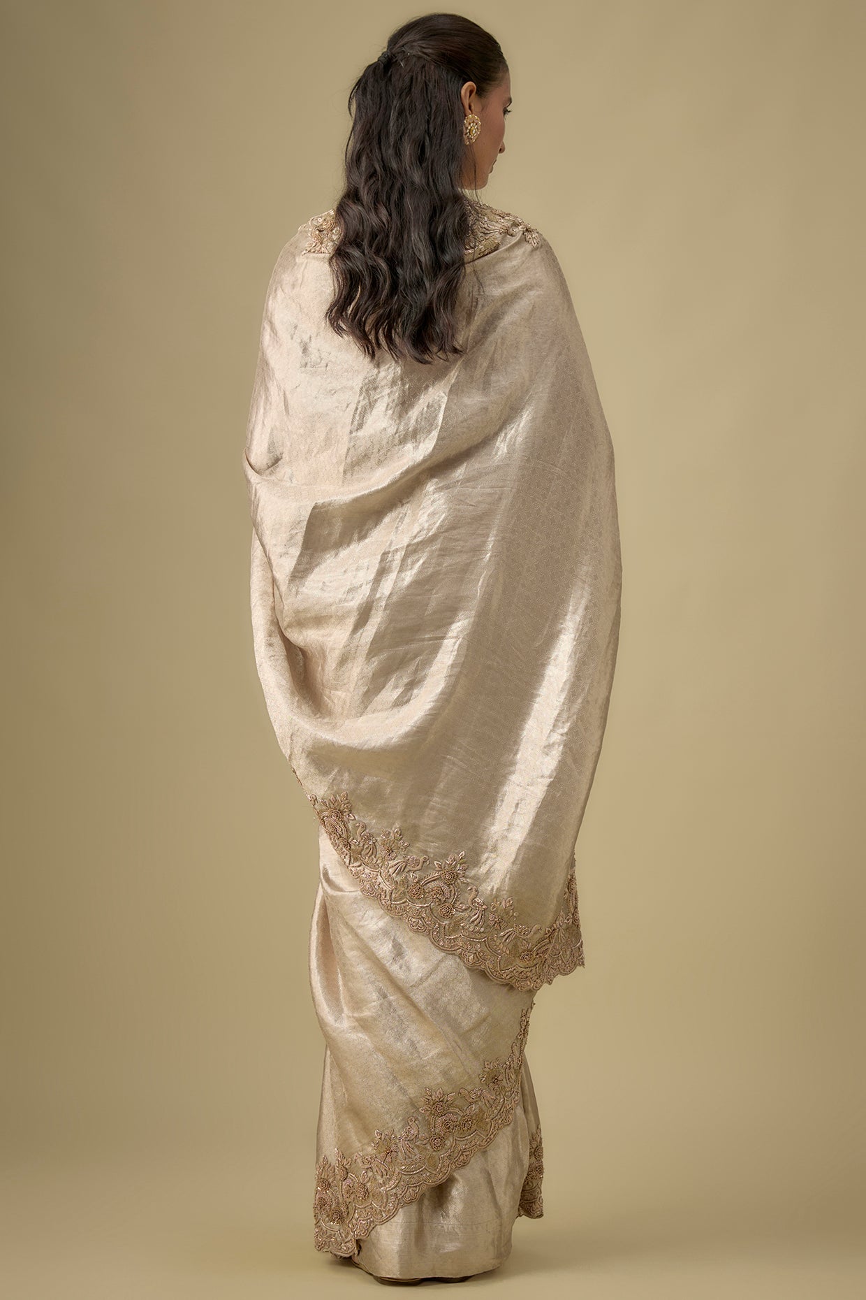 gold tissue hand & machine embroidered saree set