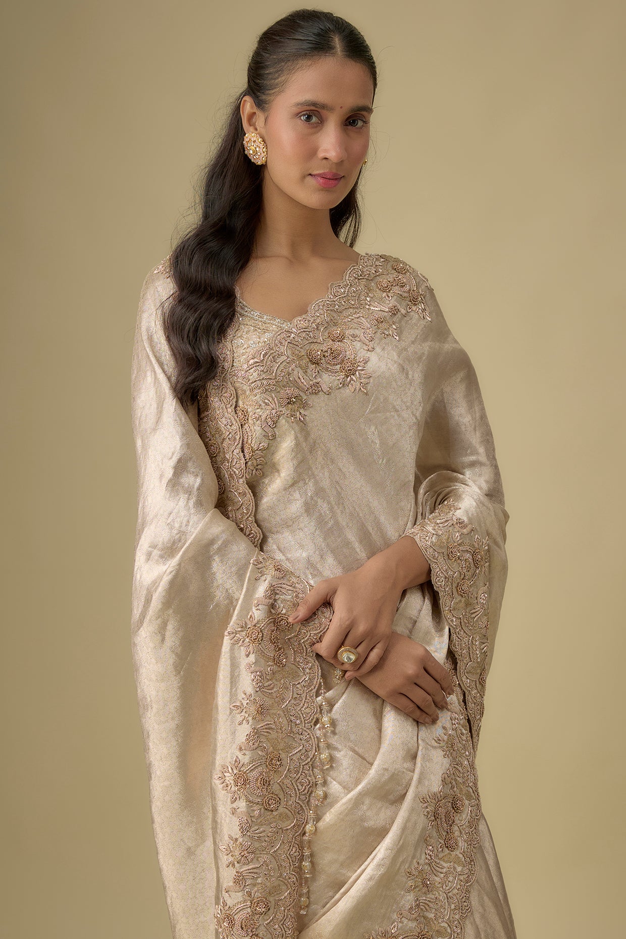 gold tissue hand & machine embroidered saree set