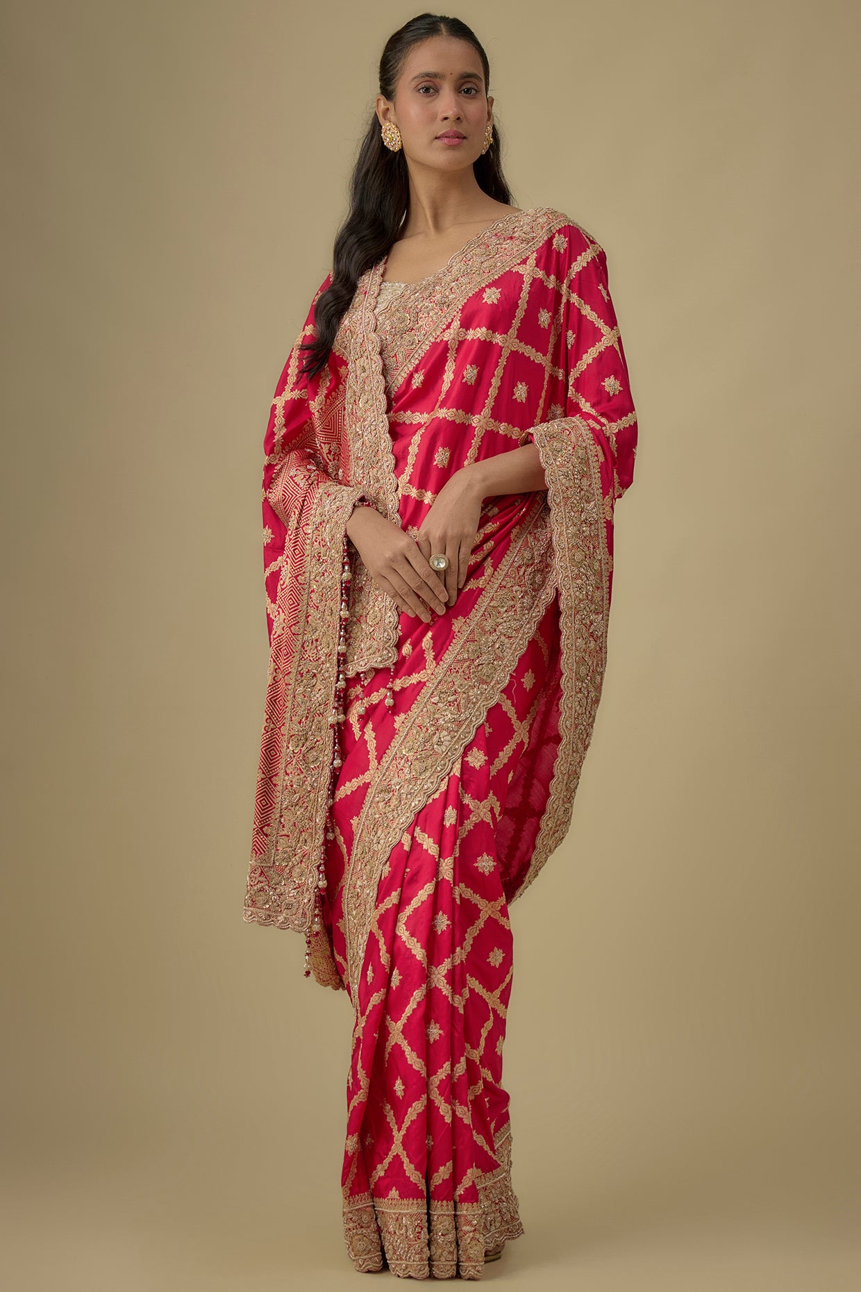 red tissue hand & machine embroidered saree set