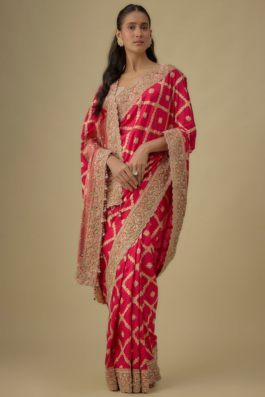 red tissue hand & machine embroidered saree set