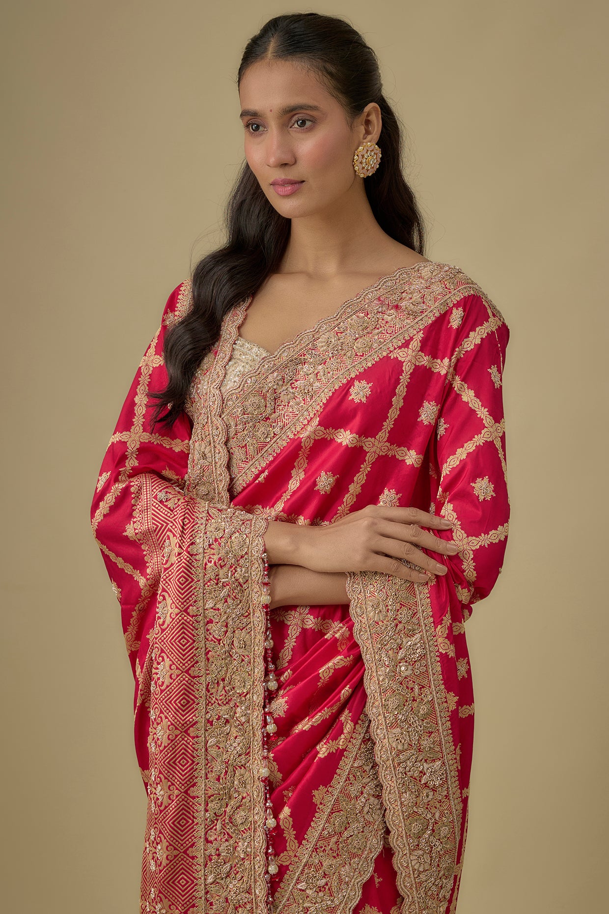 red tissue hand & machine embroidered saree set