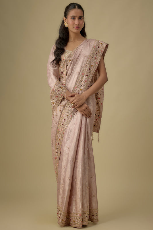pink silk hand & machine embroidered saree set