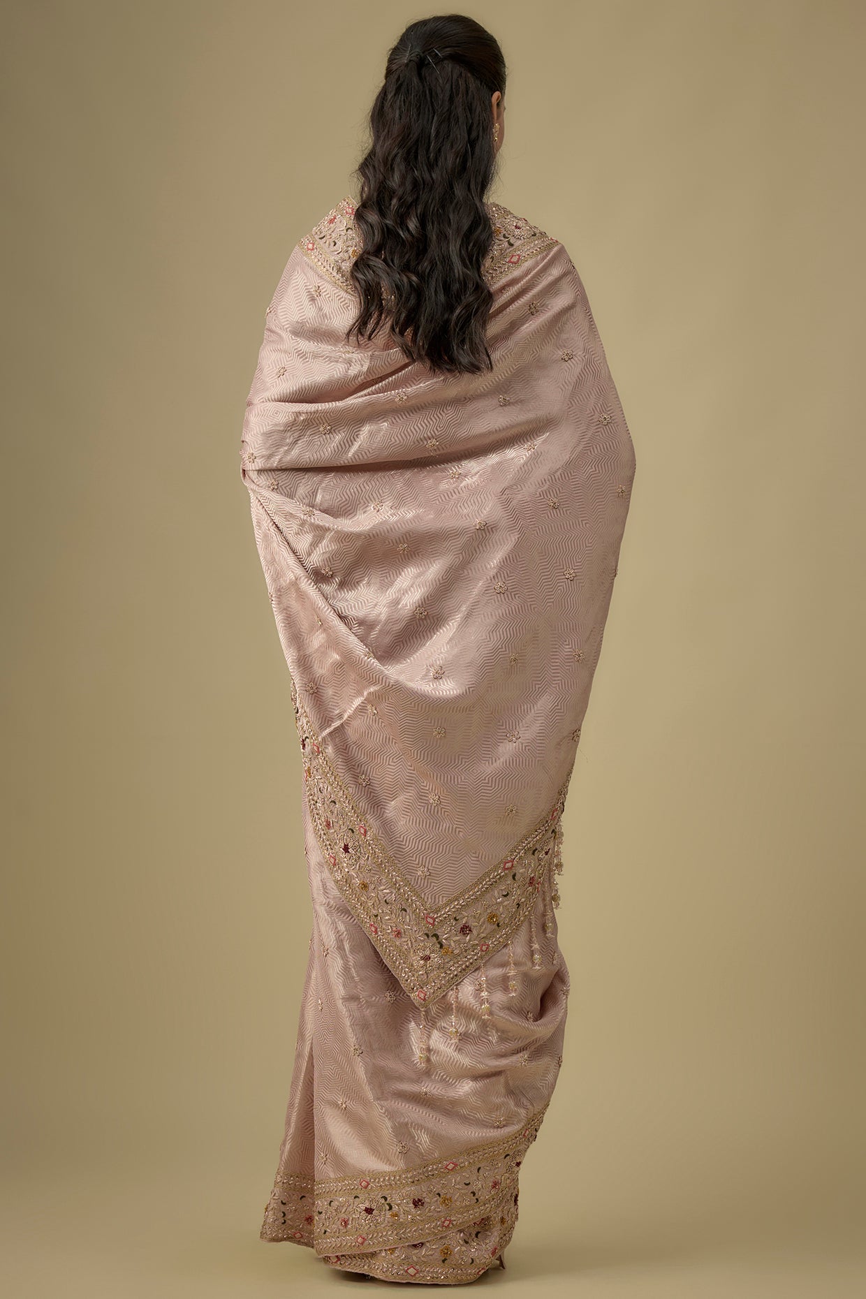 pink silk hand & machine embroidered saree set