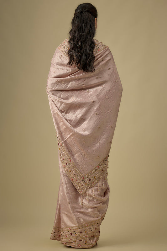 pink silk hand & machine embroidered saree set