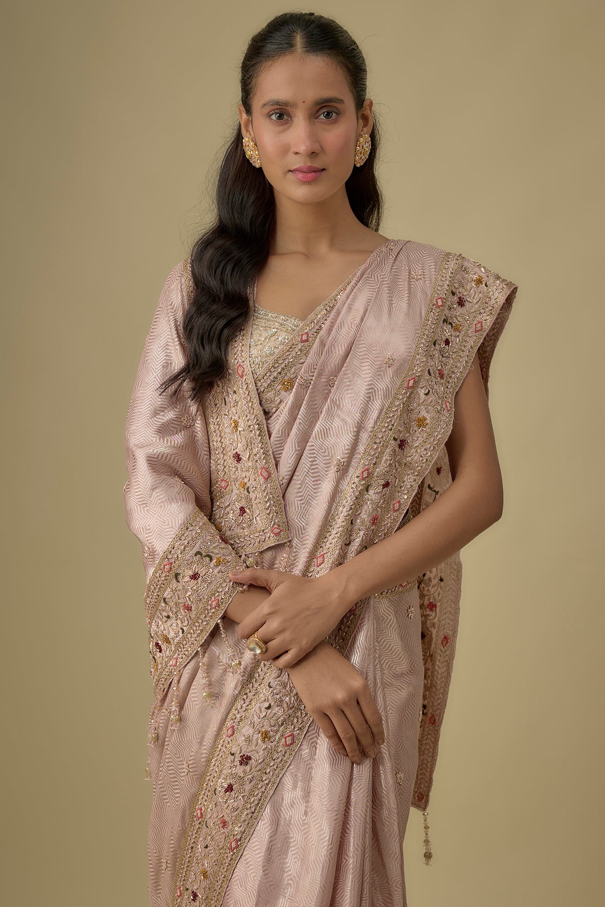 pink silk hand & machine embroidered saree set