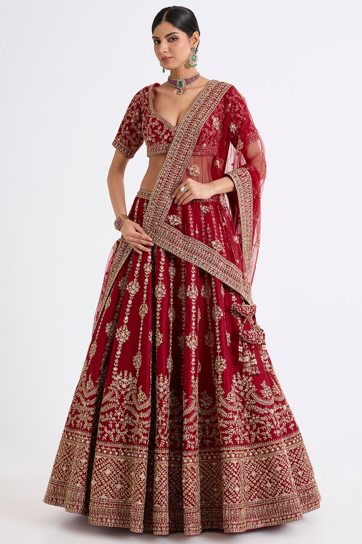 red raw silk zari hand & machine embroidered lehenga set