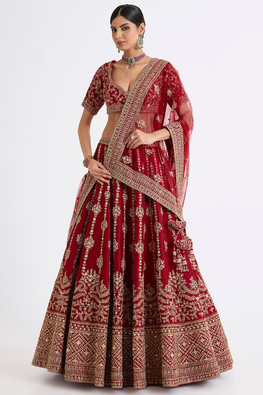 red raw silk zari hand & machine embroidered lehenga set