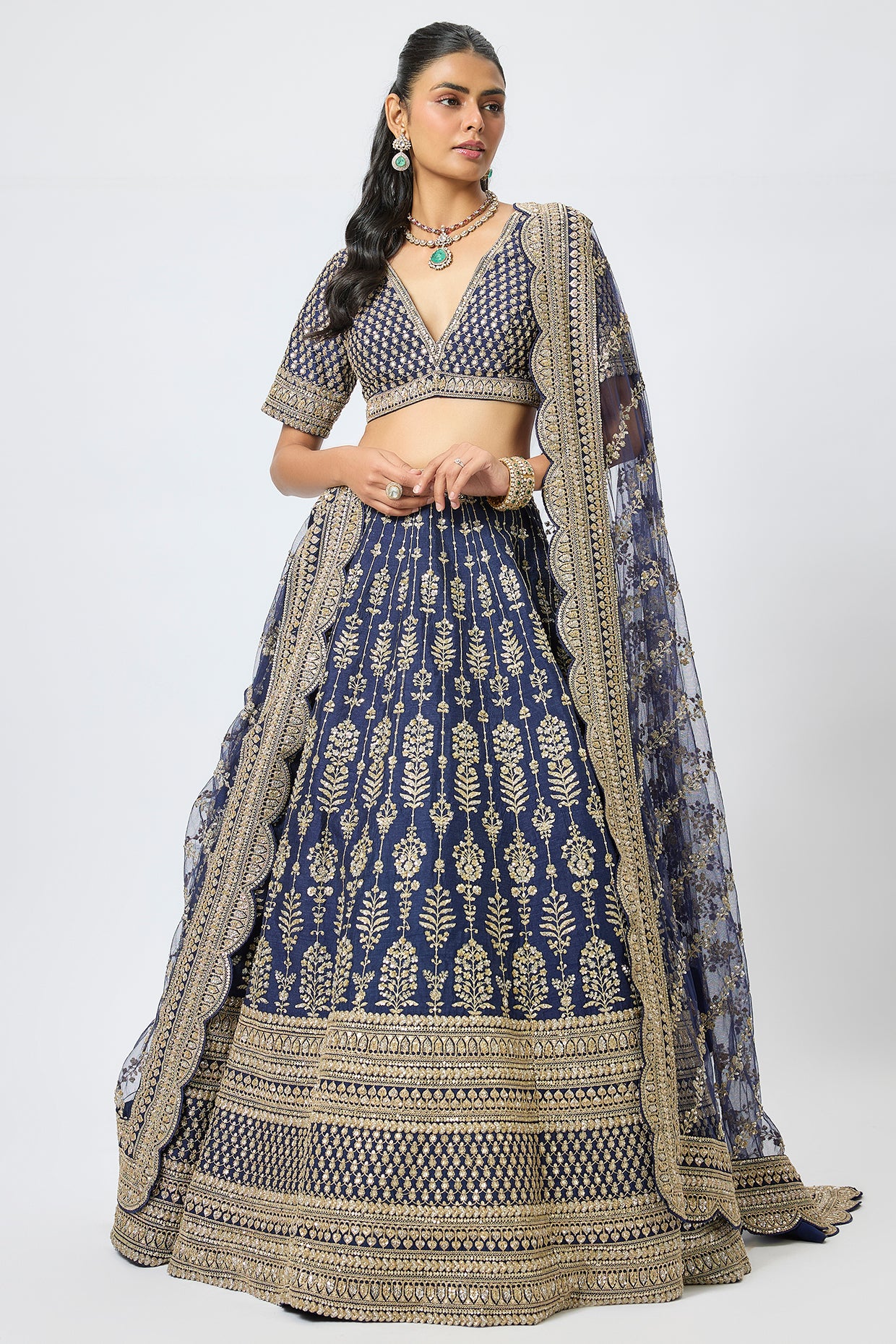 navy blue raw silk cutdana hand & machine embroidered lehenga set