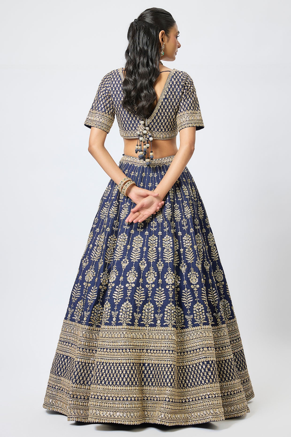navy blue raw silk cutdana hand & machine embroidered lehenga set
