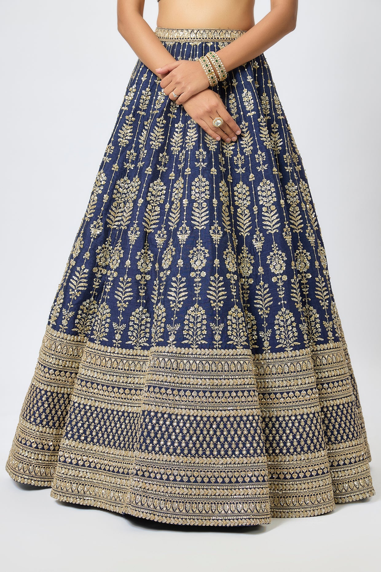 navy blue raw silk cutdana hand & machine embroidered lehenga set