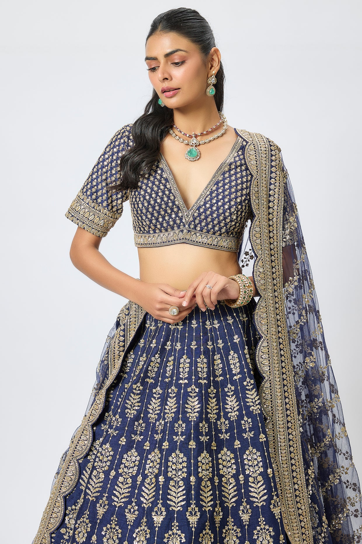 navy blue raw silk cutdana hand & machine embroidered lehenga set