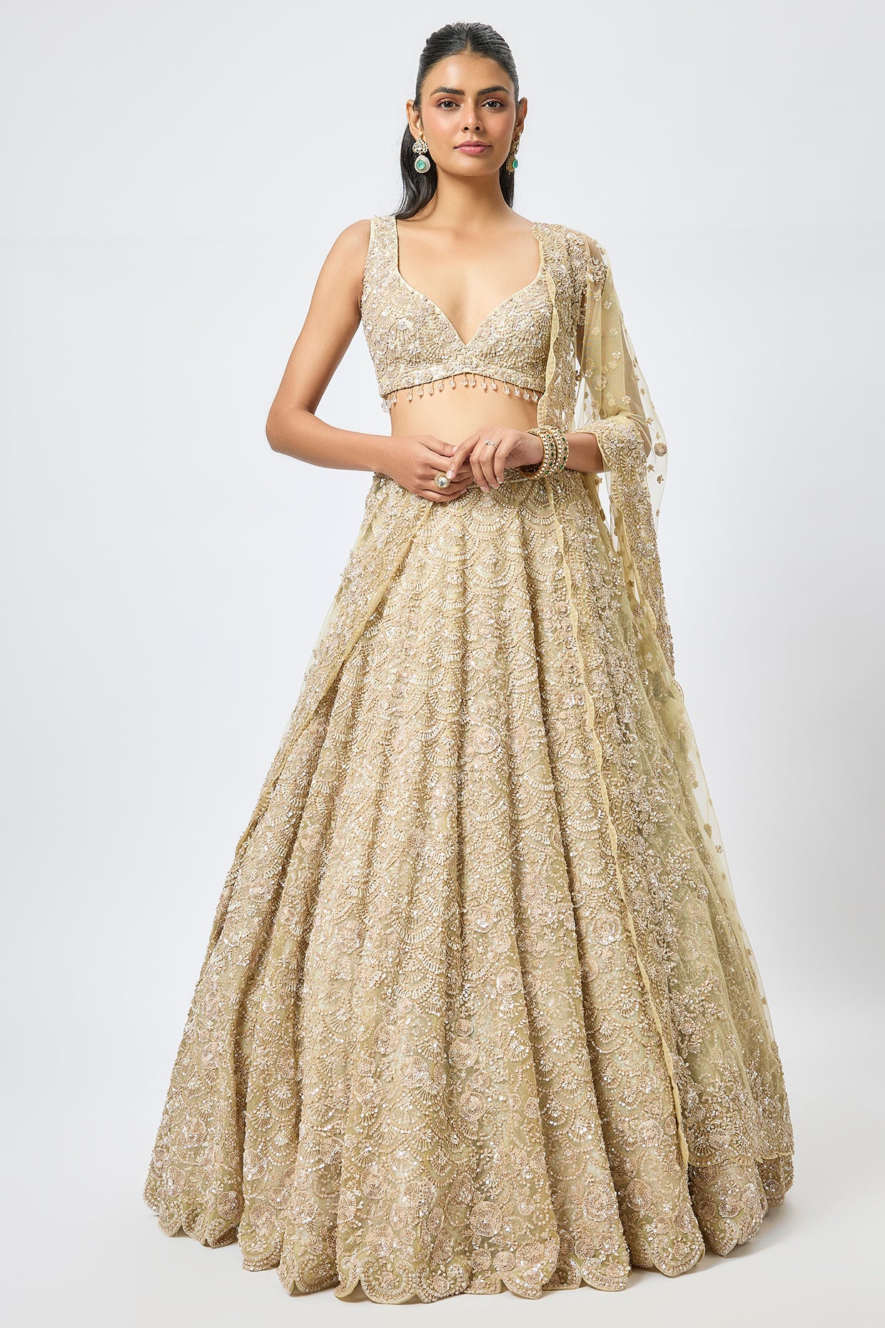 gold organza 3d cutdana embroidered lehenga set