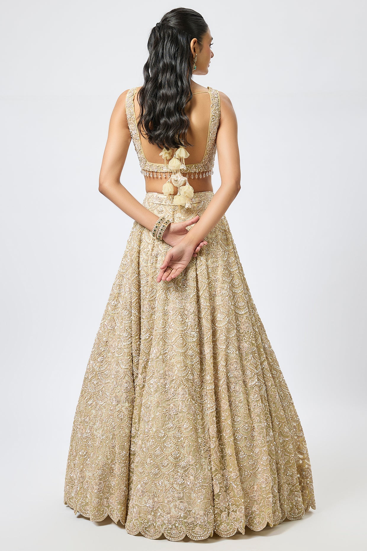 gold organza 3d cutdana embroidered lehenga set