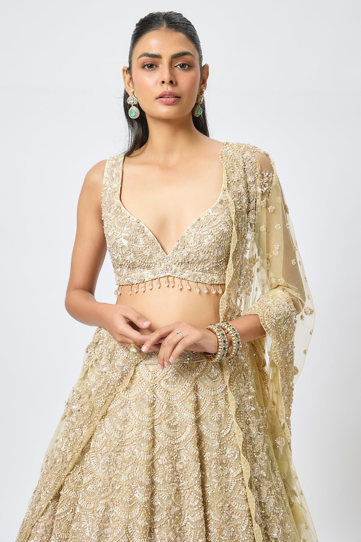 gold organza 3d cutdana embroidered lehenga set