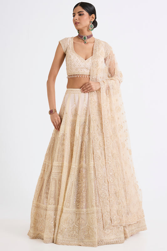 pink raw silk zari hand & machine embroidered lehenga set